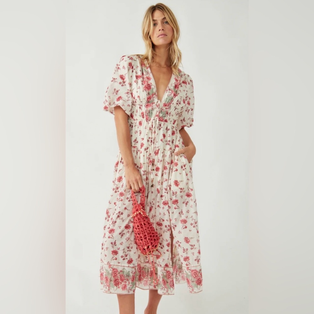 Free People Lysette Maxi Dress Floral Cotton Boho with Bell Tassel Ties Spring